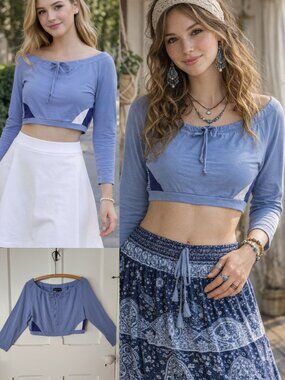 Myco Anna long sleeves Crop Top Off Shoulder Blue Size M Unique Upcycled